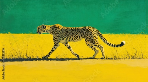 A cheetah stalking its prey, displayed on a vibrant green-yellow gradient background
