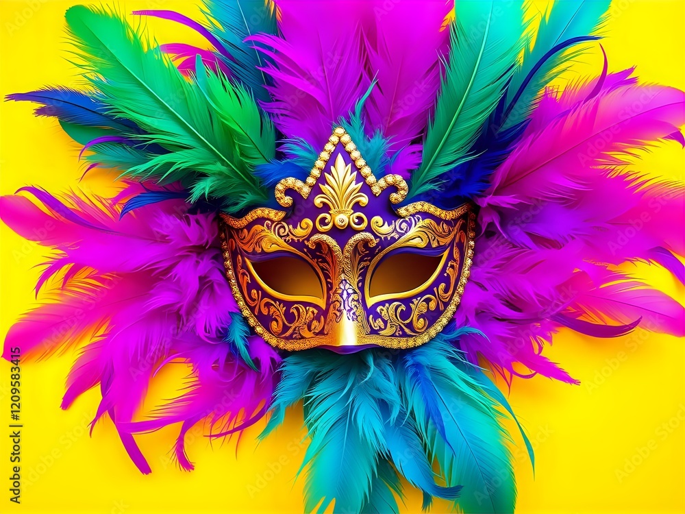 Colorful Venetian Mask with Feathers on Yellow Background for Carnival Celebration Colorful Venetian Mask with Feathers on Yellow Background for Carnival Celebration