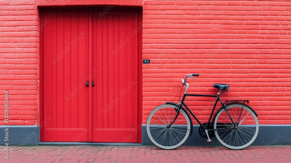 A classic black bicycle resting against a brick-patterned red background for a vintage aesthetic A classic black bicycle resting against a brick-patterned red background for a vintage aesthetic