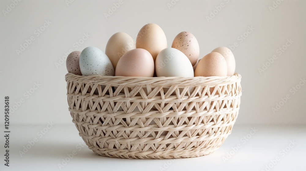 Eggs in Basket with Natural Mood, Arranged on White Surface Against White Background Representing Calmness and Simplicity
Eggs in Basket with Natural Mood, Arranged on White Surface Against White Background Representing Calmness and Simplicity