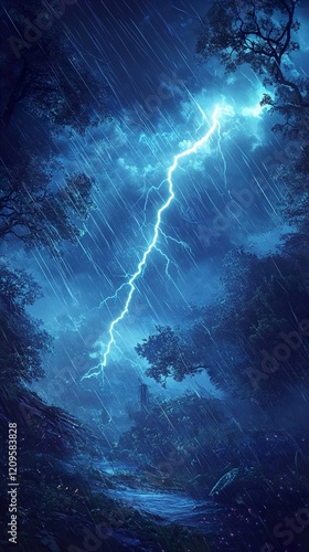 Stormy Night Landscape: Rain, Lightning, and Forest
