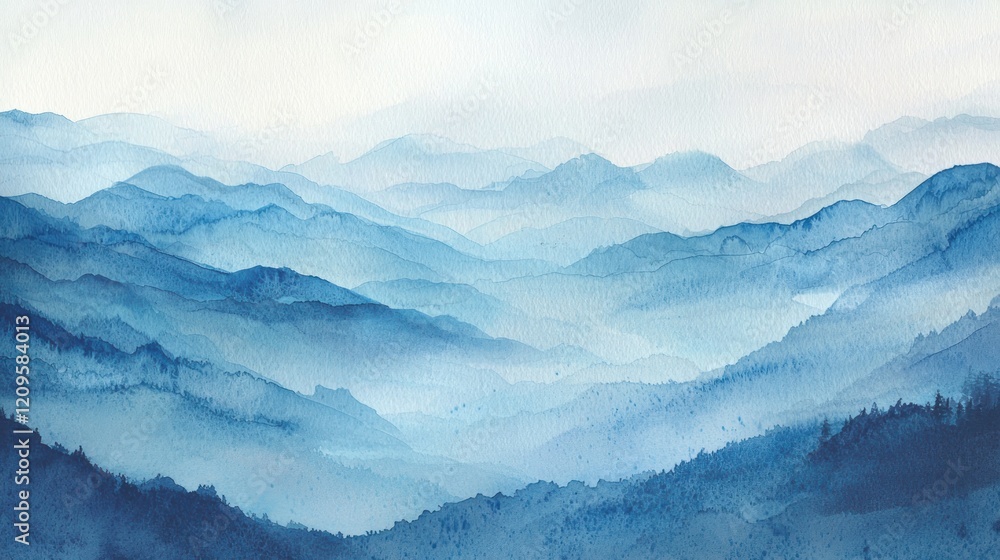 Serene Blue Mountain Watercolor Landscape Serene Blue Mountain Watercolor Landscape
