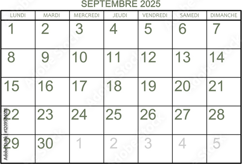 Grille calendrier pour le mois de septembre 2025