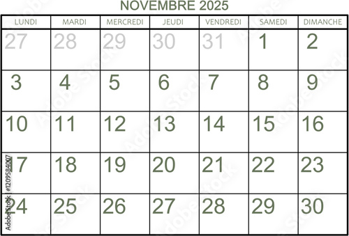 Grille calendrier pour le mois de novembre 2025