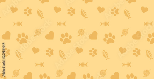 Seamless patterns and backgrounds with paw prints, hearts, bones and fish. Abstract vector illustration for pet shop websites and prints, social media posts, animal product design
