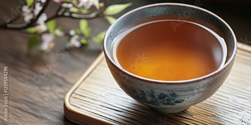 Bowl of hot hoji tea with rich amber color placed on wooden surface alongside delicate cherry blossom branch in soft natural light photo