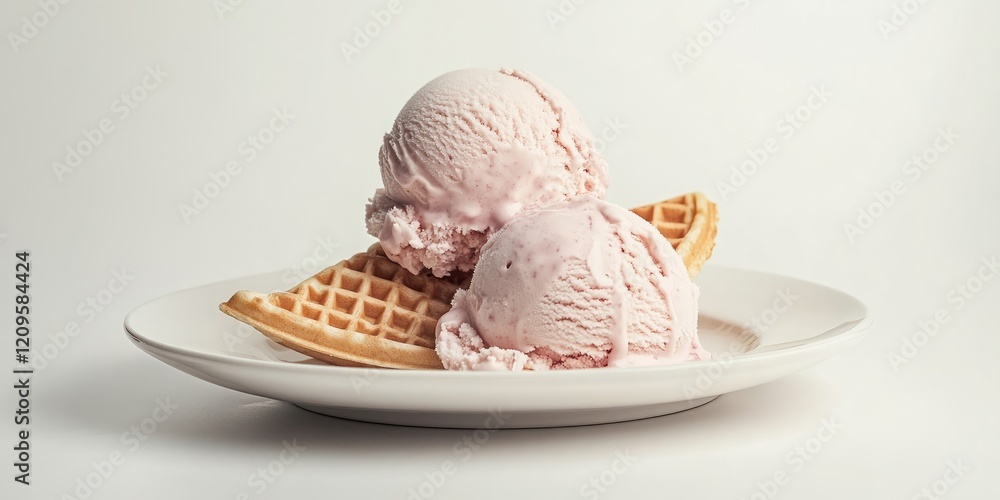 Creamy pink ice cream scoops atop a crispy waffle on a white plate against a soft white backdrop with simple elegance and delightful textures. Creamy pink ice cream scoops atop a crispy waffle on a white plate against a soft white backdrop with simple elegance and delightful textures.