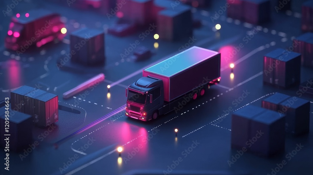 Truck on map with lights and cube objects. Truck on map with lights and cube objects.