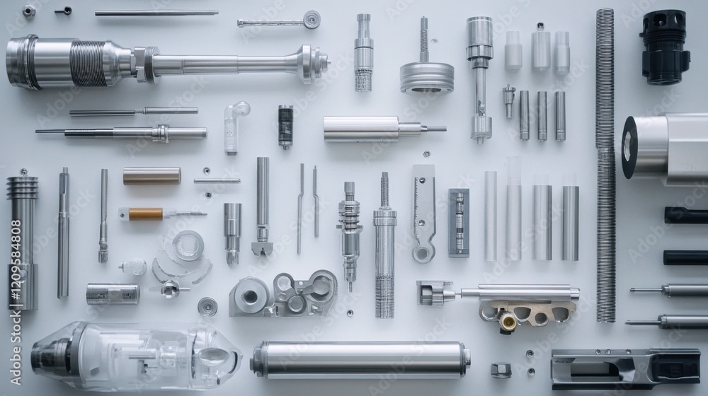 Fototapeta premium A clean white background with various industrial tools neatly arranged, representing manufacturing precision