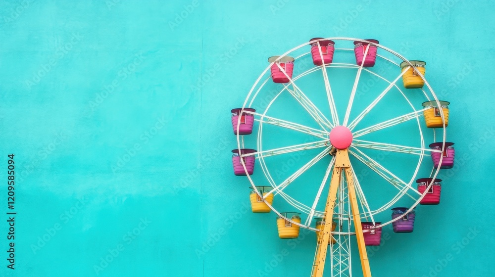 Obraz premium A colorful carnival Ferris wheel highlighted on a rich turquoise background for a festive vibe