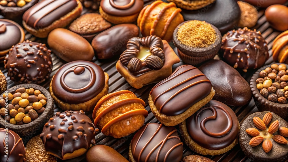 Close-up of Assorted Chocolate-Covered Kruidnoten, Dutch Spice Cookies, Full Frame Background Close-up of Assorted Chocolate-Covered Kruidnoten, Dutch Spice Cookies, Full Frame Background