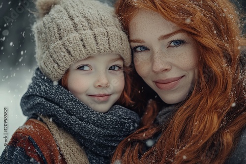 A Winter's Embrace: Mother and Daughter in Snowy Wonderland photo