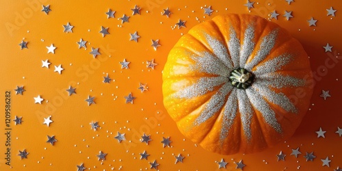 Vibrant flat lay of a bright orange pumpkin decorated with silver stars on a coordinating orange background with scattered silver sequins photo