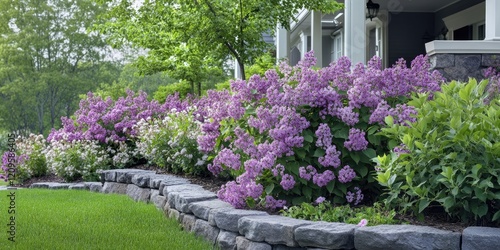 Fototapeta Naklejka Na Ścianę i Meble -  Vibrant lilac flowers in full bloom, purple and white patches in lush garden landscape, stone border, soft green lawn, sunny spring day.