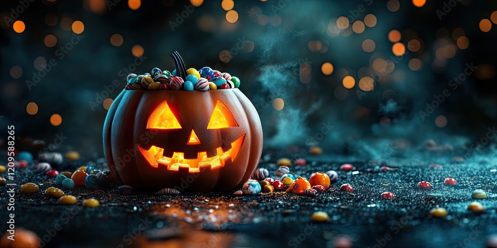 Fototapeta premium Halloween Jack o Lantern glowing with a mischievous grin filled with colorful candies surrounded by scattered sweets on a dark smoky backdrop