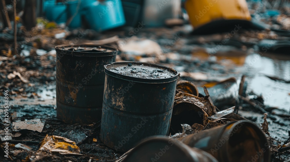 Discarded barrels amidst ground debris in a junkyard. Discarded barrels amidst ground debris in a junkyard.