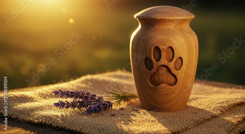  Wooden pet urn with paw print and lavender at sunset.