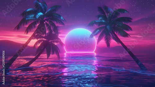 A neon glowing circle in a tropical beach scene at night.