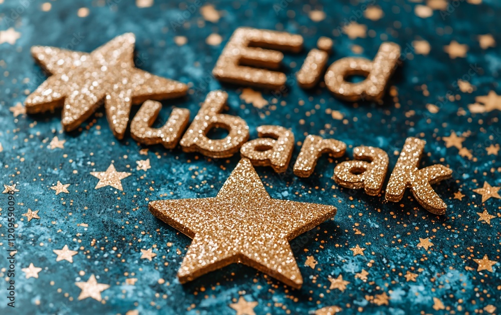 Golden glitter Eid Mubarak text with stars on dark blue background. Golden glitter Eid Mubarak text with stars on dark blue background.