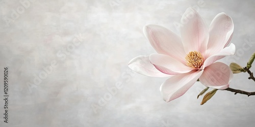 Delicate pink magnolia flower on a soft gray background angled to the left with ample copy space creating a serene springtime atmosphere