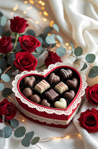 Heart-Shaped Chocolate Box With Red Roses And Satin Background