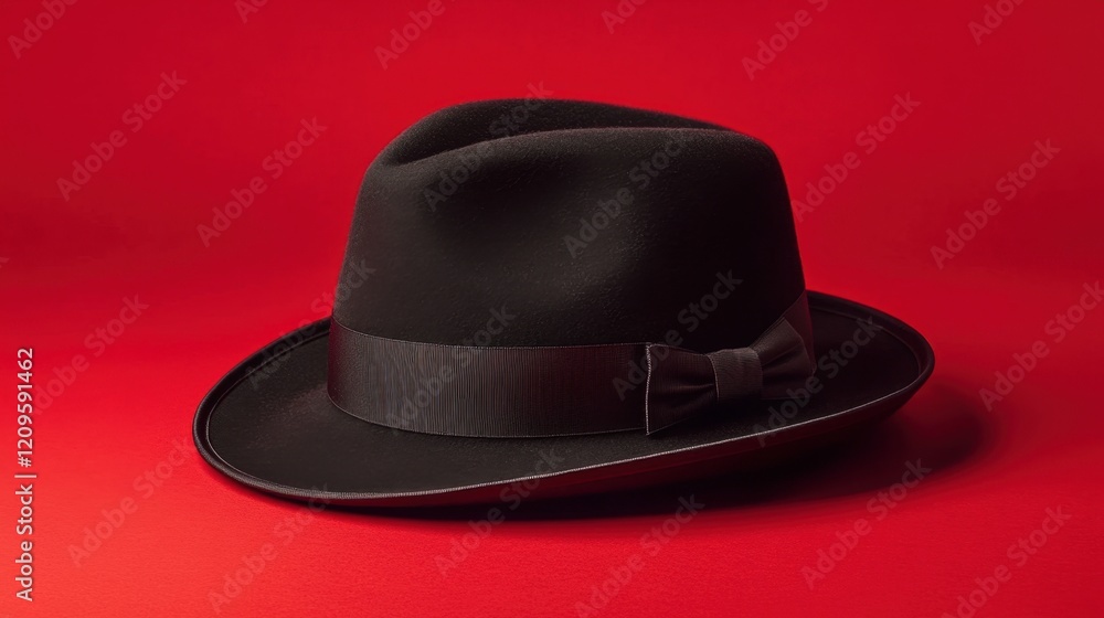 A plain black fedora, showcased on a vibrant red background for a bold and modern look A plain black fedora, showcased on a vibrant red background for a bold and modern look
