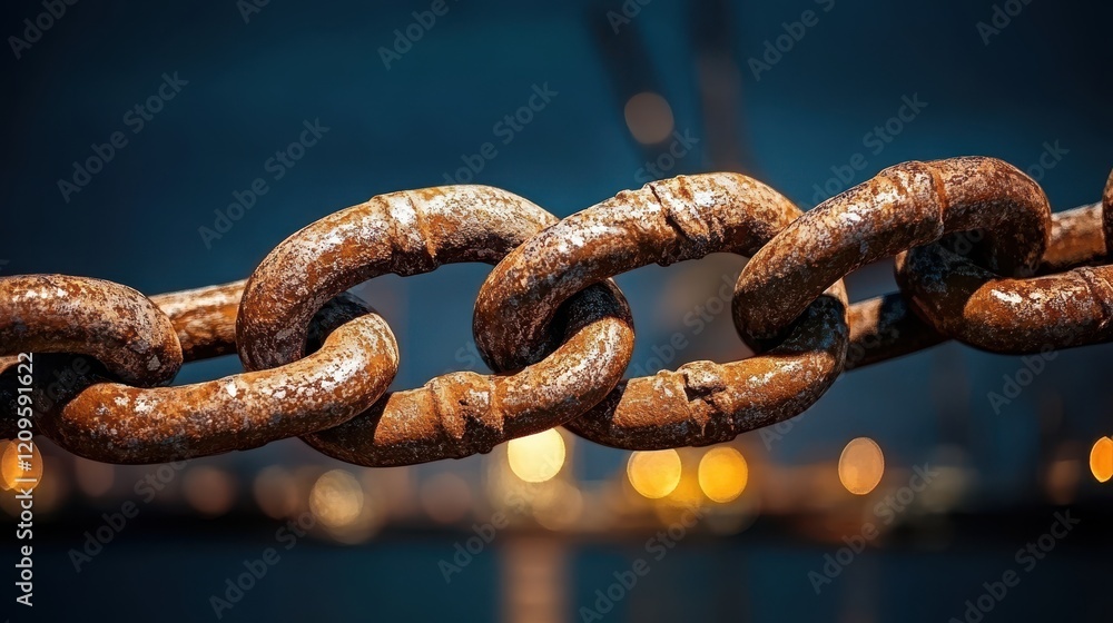 A large metal chain links a sturdy boat to a dock, illustrating the connection between watercraft and its mooring point in a maritime setting. A large metal chain links a sturdy boat to a dock, illustrating the connection between watercraft and its mooring point in a maritime setting.