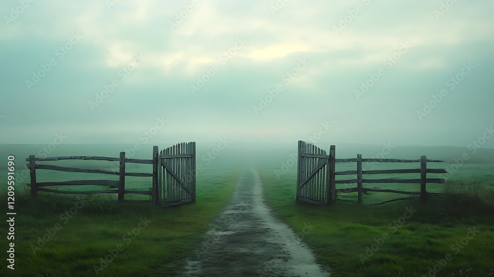 Open wooden gates in a misty field symbolizing freedom with a pathway leading into the unknown