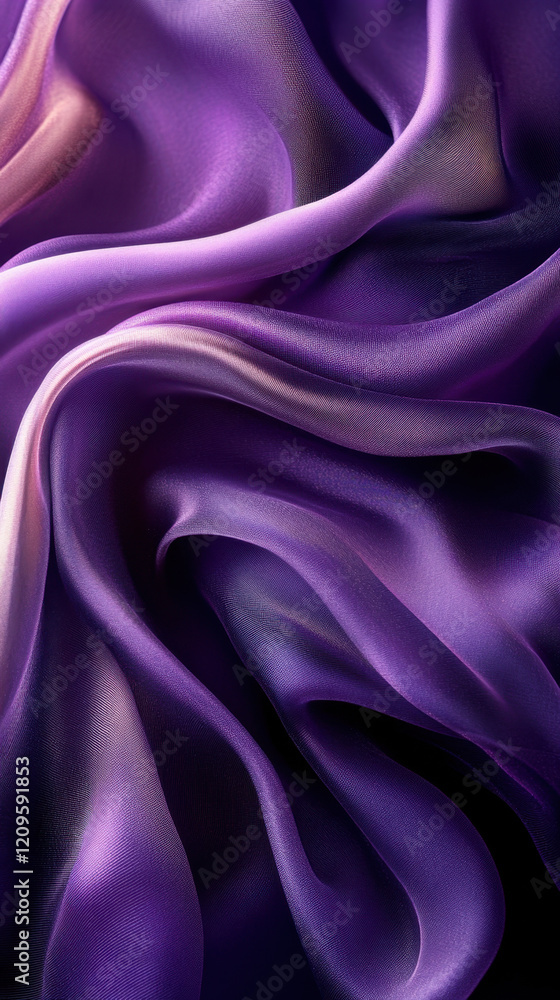 Obraz premium An artistic close-up of flowing purple silk fabric with delicate highlights and smooth textures. The luxurious material creates a rich and sophisticated visual effect. 