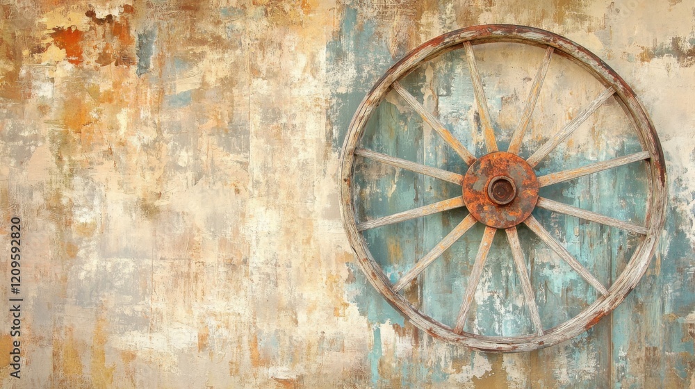 A rustic cartwheel set against a pale brown background for a farmhouse vibe A rustic cartwheel set against a pale brown background for a farmhouse vibe