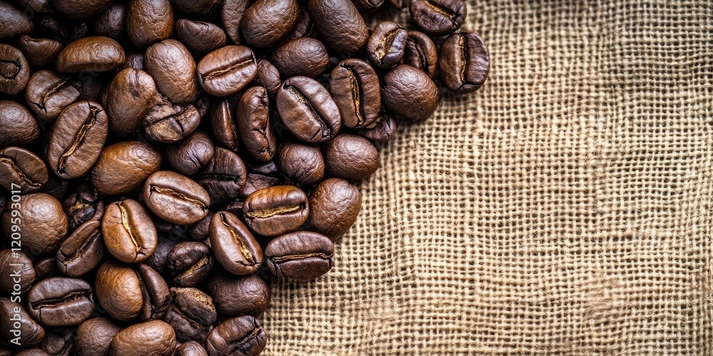 Roasted coffee beans in rich brown tones are scattered on a textured burlap background creating a cozy and rustic atmosphere. Roasted coffee beans in rich brown tones are scattered on a textured burlap background creating a cozy and rustic atmosphere.