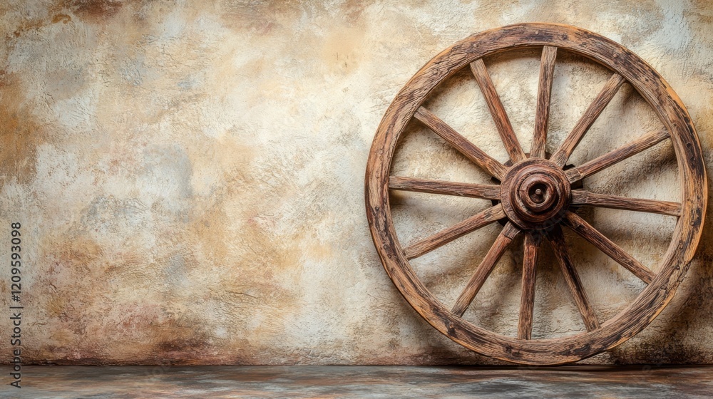 A rustic wooden wagon wheel displayed on a soft beige background for a vintage feel A rustic wooden wagon wheel displayed on a soft beige background for a vintage feel