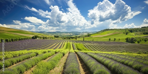Wallpaper Mural Vibrant summer countryside landscape with purple lavender fields in foreground under a bright blue sky with white clouds and lush green hills in background Torontodigital.ca