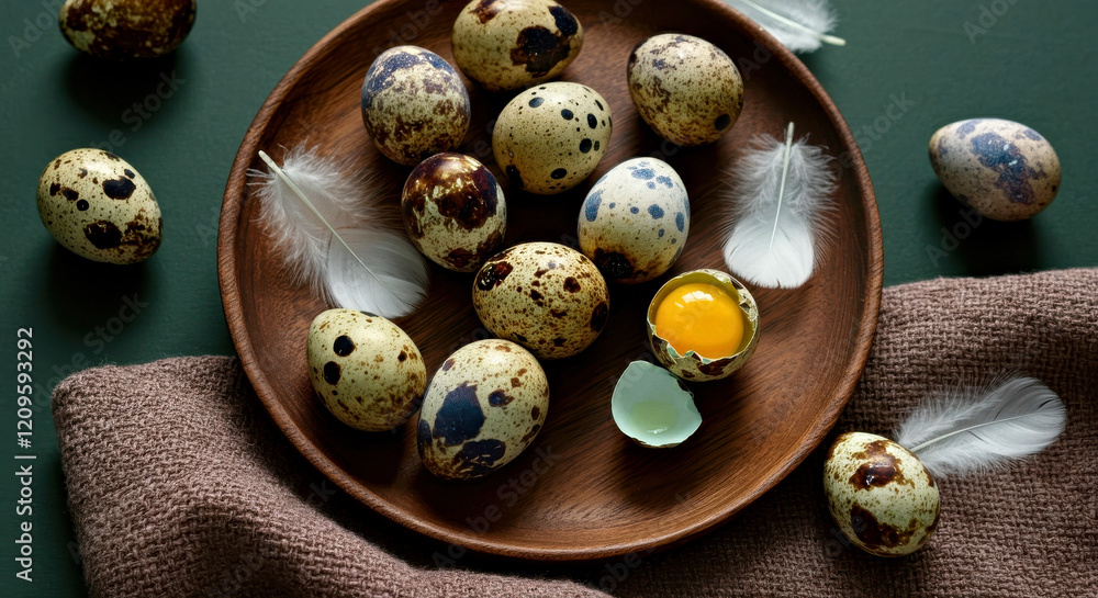 Rustic Display of Quail Eggs on Wooden Plate with Feathers and Brown Fabric Rustic Display of Quail Eggs on Wooden Plate with Feathers and Brown Fabric