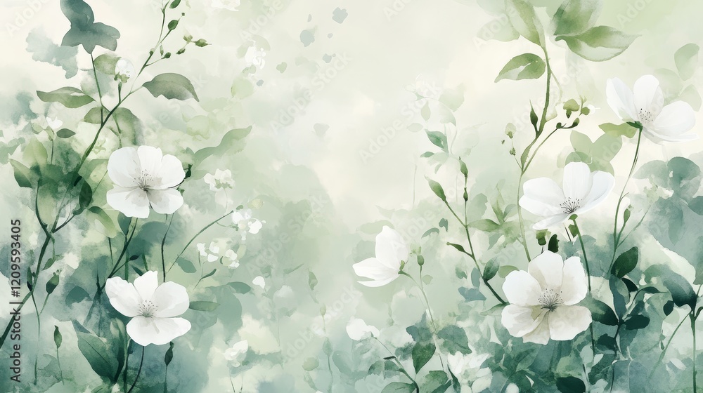 Fototapeta premium Green floral background, white flowers artwork, watercolor garden, nature inspired art, minimalist design, soft pastel colors