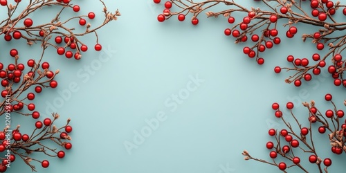 Red decorative balls on brown branches framing a light blue background creating a festive Christmas card design with ample copy space.