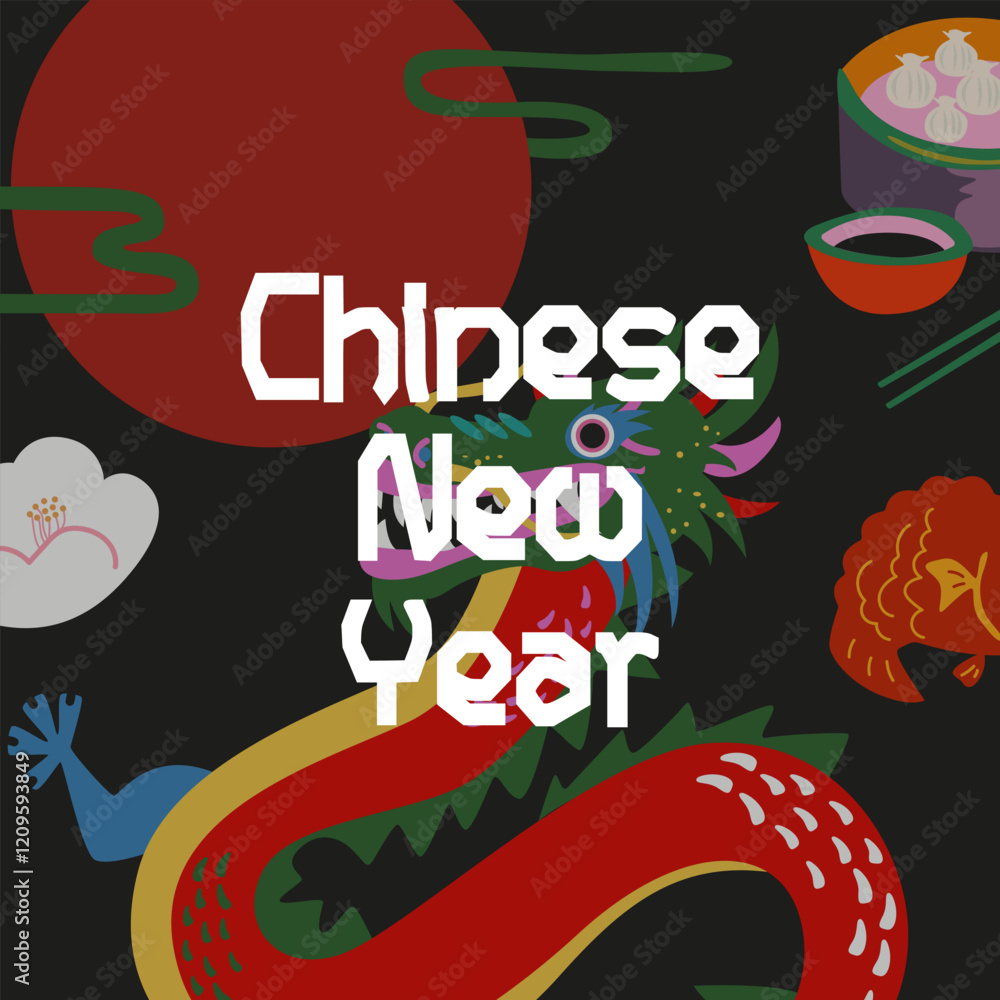 Obraz premium Chinese New Year 2025 modern art design. Asian festival poster. Creative art typography greeting card. Asian folk traditions, lunar New Year, mythical dragon, tiger, Chinese cuisine