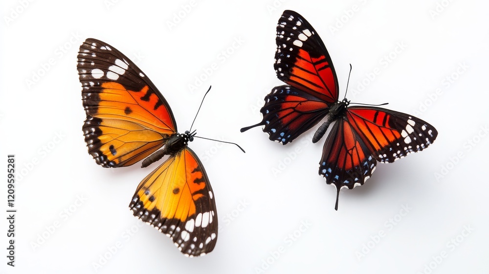 Fototapeta premium Two colorful butterflies isolated on a clean white background, showcasing delicate wings and intricate pattern