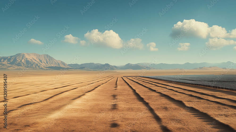 Naklejka premium A wide shot of a desert landscape, with parallel tire tracks leading to a mountain range. The image is a suggested upload for a user, among others