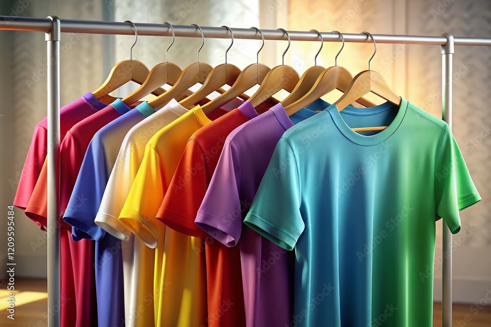 Fototapeta premium Colorful 3D T-Shirt Mockups on Clothing Rack - Apparel Design Template