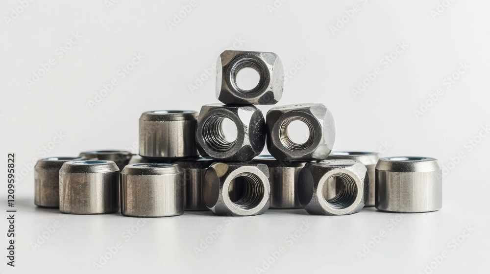 A stack of industrial-grade bolts and nuts displayed against a clean white background A stack of industrial-grade bolts and nuts displayed against a clean white background