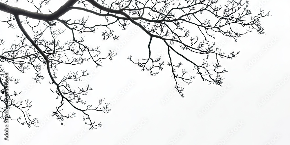 Fototapeta premium Silhouetted treetop branches against a bright white sky showcasing delicate intricate structures with a focus on nature's beauty and simplicity.