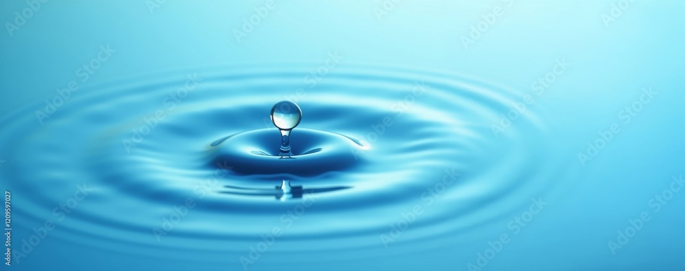 Drop of water on a liquid surface generating waves. Image in blue tones and with copy space. Drop of water on a liquid surface generating waves. Image in blue tones and with copy space.