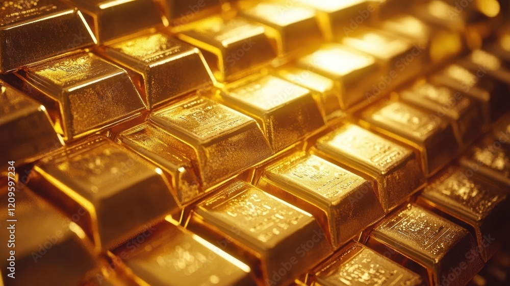 A close-up view reveals a stack of gleaming gold bars neatly arranged atop a polished table surface, showcasing their luxurious luster and weight. A close-up view reveals a stack of gleaming gold bars neatly arranged atop a polished table surface, showcasing their luxurious luster and weight.