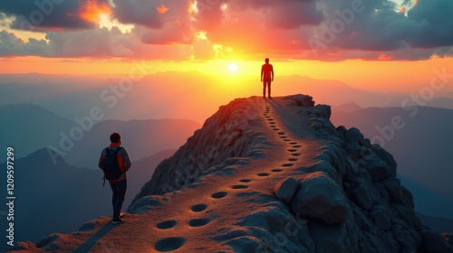  A figure standing atop a mountain, gazing at a sunrise, with a trail of footprints behind them and a guide walking alongside, symbolizing the climb toward realizing their true self.