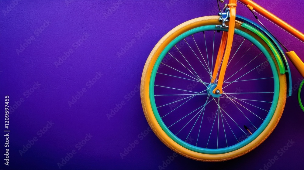 Fototapeta premium A vibrant bicycle wheel with neon accents, displayed on a deep purple background for a bold modern aesthetic