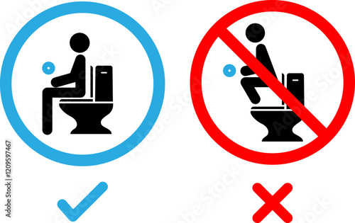 Toilet. Correct sitting position when using the toilet on a white background.