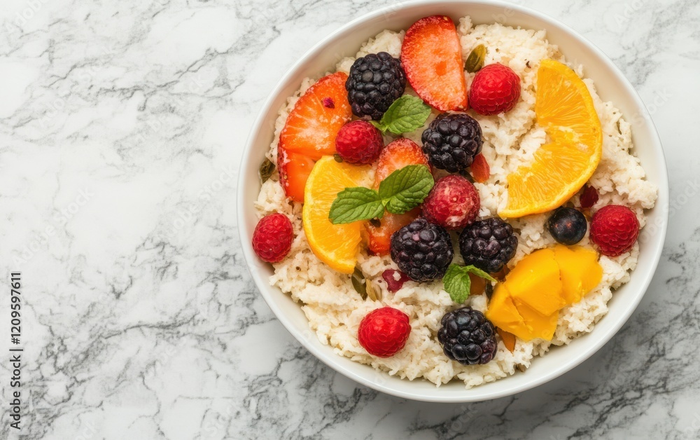 A vibrant bowl filled with fluffy rice, topped with assorted fresh fruits and garnished with fragrant mint leaves. A vibrant bowl filled with fluffy rice, topped with assorted fresh fruits and garnished with fragrant mint leaves.