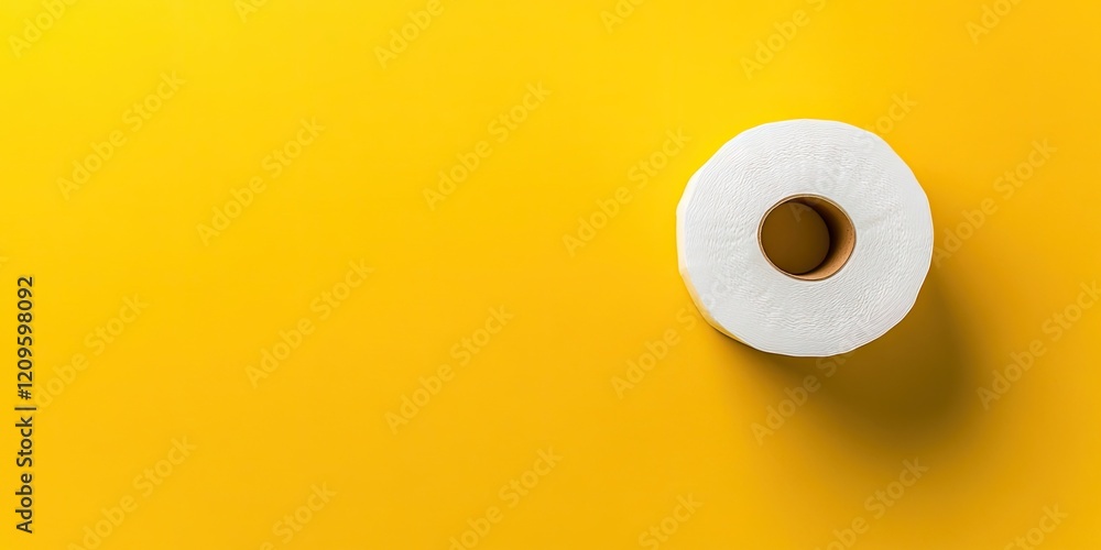 Overhead view of a single roll of white toilet paper on a bright yellow background showcasing household supplies in high demand during the pandemic