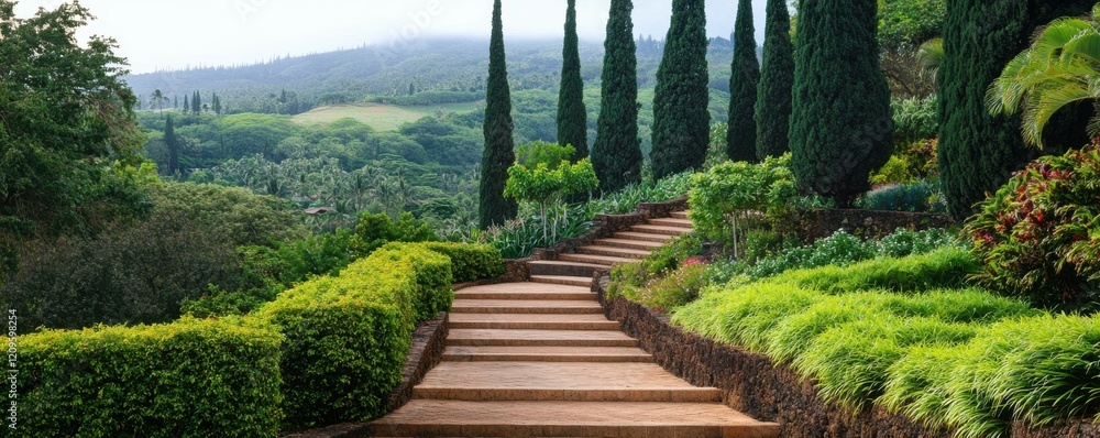 scenic stairway ascending towards lush hillside with trees and shrubs scenic stairway ascending towards lush hillside with trees and shrubs